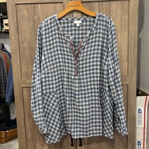 J Jill XL Popover Top Peplum Check Gingham Blue Gray
